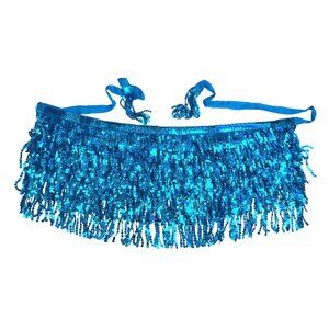 Bright Blue Sequin Belly Dance Hip Scarf Fringe Tassel Halloween Costume sparkle